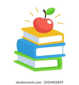 Stack of books with an apple on top. Textbooks in a stack, concept illustration about knowledge. White background.