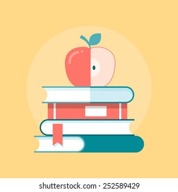 stack of books with apple on top, vector illustration