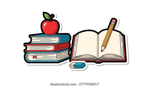 Stack of books with apple and pencil
