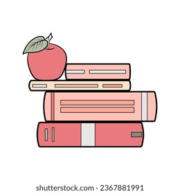 A stack of books and an apple for a snack. Three books with appetizing apple icon in flat style isolated on white background. Minimalistic design of education and leisure template.