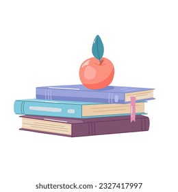 Stack of books and apple. Vector illustration of textbooks in doodle style. Icon sign for design and sticker.
