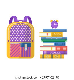 Stack of books with backpack and clock. Book club inscription for invitation, promo , prints, flyer, cover, and posters. Vector illustration of pile of books.