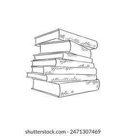 A stack of books in black and white line drawing. Drawn by hand in a sketchy style.