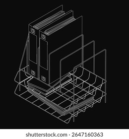 A stack of books in black and white line drawing, neatly arranged on a stark black background. The clean, minimalist style highlights the office and document theme, perfect for professional