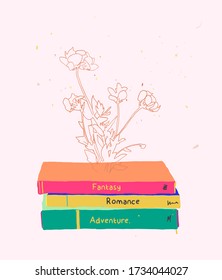 Stack of books with blossom flowers growing through the book cover. Concept of knowledge and calm. Hand drawn vector illustration