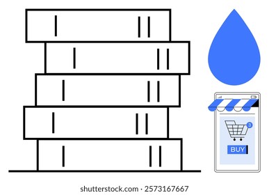 Stack of books, a blue water droplet symbol, and a mobile phone with an online shopping cart icon and Buy button. Modern, minimalist style. Ideal for e-commerce, education, technology, reading