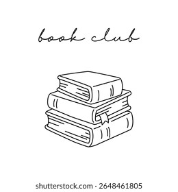 Stack of books with book club handwritten lettering, minimalist line art vector illustration for reading lovers
