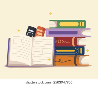 Stack of books, Book school library, books standing vector. Pile of books vector illustration.