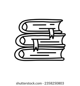 Stack of books with bookmarks. Hand drawn black line art. Vector illustration for literature, library, education topics.