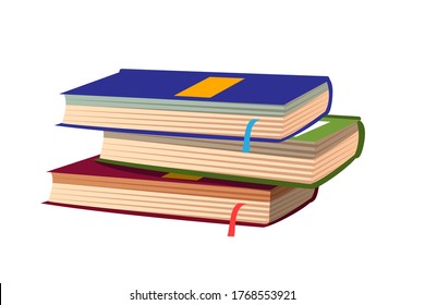 Stack of books with bookmarks, learning textbooks. Knowledge and education. Vector flat illustration of design element of modern library, bookstore, school, literature lesson, writer, journalist 