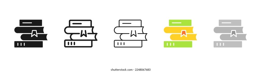 Stack of books with bookmarks set icon. Read, library, reading list, atheneum, paper, bibliography, audiobook. Education concept. Vector five icon in different style on white background