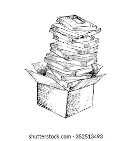  Stack of books in box. Hand drawing illustration.