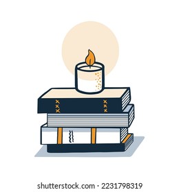 Stack of books, burning candle and candle. Fall decorative objects. Warm hygge aesthetics. Flat cartoon hand-drawn style