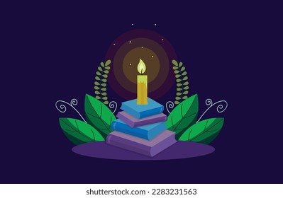 Stack of books, burning candle and leaves illustration. Vector hand drawn illustration.