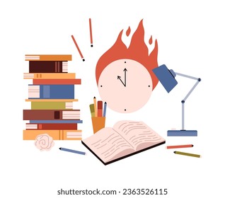 Stack of books, burning clock, lamp and pencils flat style, vector illustration isolated on white background. Decorative design element, preparing for exam, workplace and stress