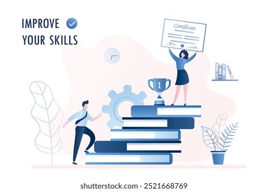 Stack of books. Businessman or male student climbs the stairs, improve new skills and education concept, Successfull businesswoman on top with certificate, trendy vector illustration