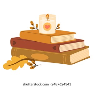 Stack of books and candle. Cozy pastime. Literature, dictionary, encyclopedia, planner with bookmarks. Colored flat vector illustration isolated on white background