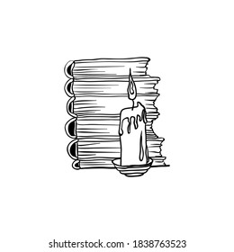 Stack of books and candle, Halloween doodles. Isolated vector illustration in contour or outline drawing style for coloring book pages design.