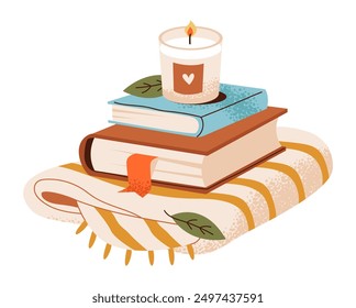 A stack of books with a candle on a cozy blanket. Pastime reading a book. Flat vector illustration isolated on white background.