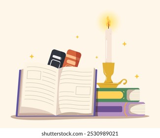 Stack of books and candle, Pile of books vector illustration. 