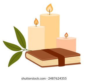 Stack of books and candles. Cozy pastime. Literature, dictionary, encyclopedia, planner with bookmarks. Colored flat vector illustration isolated on white background