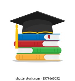a stack of books and a cap or hat of a graduate. obtaining knowledge and education. studying at university or college. stock vector illustration isolated on white background.