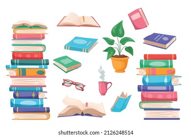 Stack of books. Cartoon pile of open and closed books, school education and home library concept. Vector isolated set