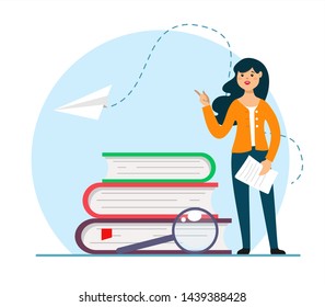 A stack of books with a character, a great illustration for school and education topics, learning. Vector illustration on white background.
