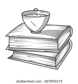 stack of books with coffee cup library, educational or learning concept vector illustration engraving style