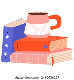 Stack of books and coffee cup. World Book Day. Set of reading elements for bookshop, library, bookstore or education