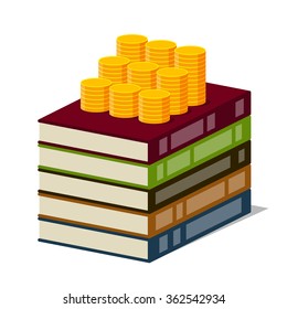Stack of books with color covers and columns of gold coins on them, on white background. Stylized drawing. Money is invested in knowledge and knowledge are generating income