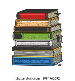 stack of books color line art sketch engraving vector illustration. T-shirt apparel print design. Scratch board imitation. Black and white hand drawn image.