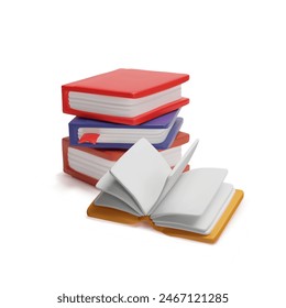 Stack of books with colored cover 3D style vector render illustration. Volumetric pile of textbooks isolated. Literature, dictionaries and encyclopedias, library or bookstore, education