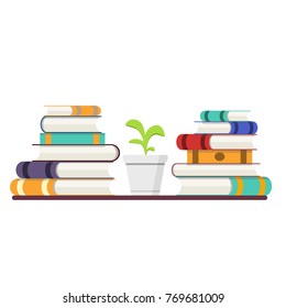 Stack of books with colored covers and plant in pot in flat design style. Wooden bookshelf. Vector illustration, isolated, white background.