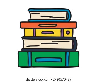 Pila de libros, colorido doodle escolar, dibujado a mano. Ilustración vectorial.