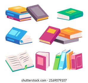 Stack of books contains textbook dictionary in colorfull style some opened mod cartoon flat color vector illustration