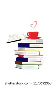 stack of books and a cup of coffe or tea on the top isolated on the white background, vertical vector illustration