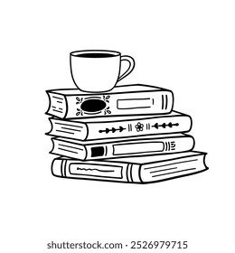 Pila de libros con taza de café, acogedora Ilustración vectorial dibujada a mano. Lectura y consumo de café