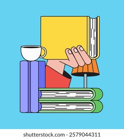 A stack of books, a cup of coffee, and a hand holding a yellow book cartoon hand drawn vector illustration perfect for educational