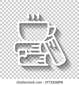 Stack of books and cup of coffee, library on the shelf, open knowledge, simple icon. White linear icon with editable stroke and shadow on transparent background