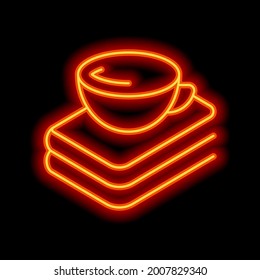 Stack of books and cup of coffee, library on the shelf, open knowledge, simple icon. Orange neon style on black background. Light linear icon with editable stroke