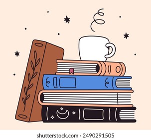 Pila de libros y taza de café. Me encanta leer Ilustración vectorial, dibujo de líneas simples.