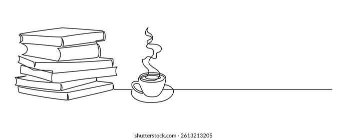 Stack books and cup of coffee in one continuous line drawing. Bookshelf and knowledge library concept in simple linear style. Editable stroke. Doodle outline vector illustration