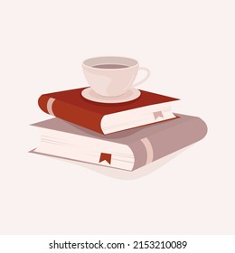 Stack books and cup hot coffee tea  Isolated light background  Flat icon  Vector illustration  Knowledge logo  Education icon 