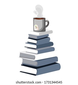 a stack of books. a cup stands on a bookstore. Vector illustration isolated on white background. Concept of remote work and online learning.
