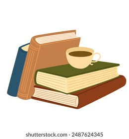 Stack of books and a cup of tea or coffee. Cozy pastime. Literature, dictionary, encyclopedia, planner with bookmarks. Colored flat vector illustration isolated on white background