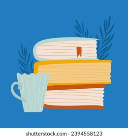 stack of books with a cup of tea. evening reading. poster with books in a stack