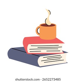 Pila de libros con una taza de té. Ilustración de libros cerrados minimalistas