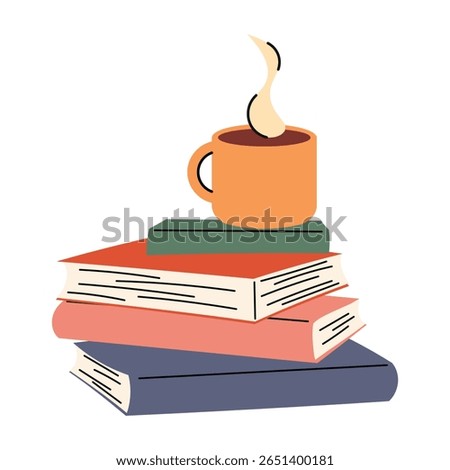 Stack of books with a cup of tea. Minimalist closed books. vector illustration