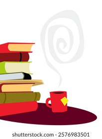 A stack of books and a cup of tea on the table. Vector image for prints, poster and illustrations.